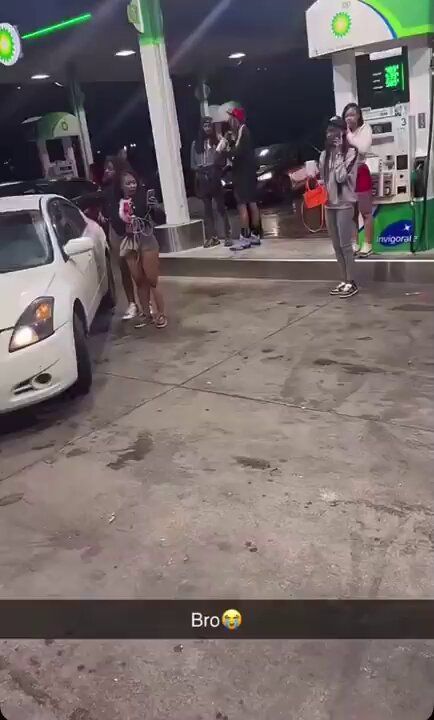 two dogs standing in front of a white car at a gas station while people wait