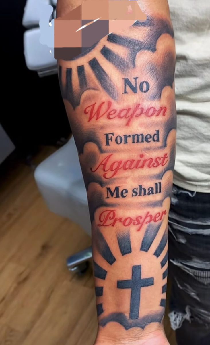 Forearm Tattoo Men Sleeve Bible Verse, Forearm Tats Men, Clouds Tattoo Sleeve, Scripture Tattoos For Men Forearm, Outside Forearm Tattoo Men Ideas, Scripture Tattoos For Men, Inner Forearm Tattoo Men, Tattoos For Men Forearm, Bible Scripture Tattoos