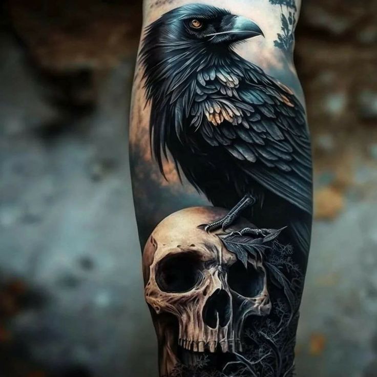 a black bird sitting on top of a skull next to a human skull with a raven perched on it