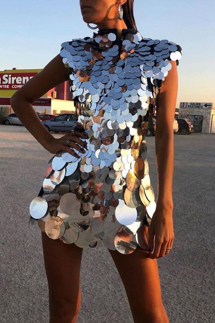 Xpluswear Mirror Sequin, Head Turning Outfits, Catty Noir, Mock Neck Mini Dress, Large Sequins, A Million Dollars, Silver Party, Iconic Dresses, Short Sleeve Maxi Dresses