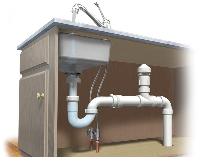 an image of a kitchen sink under the faucet and countertop with pipes