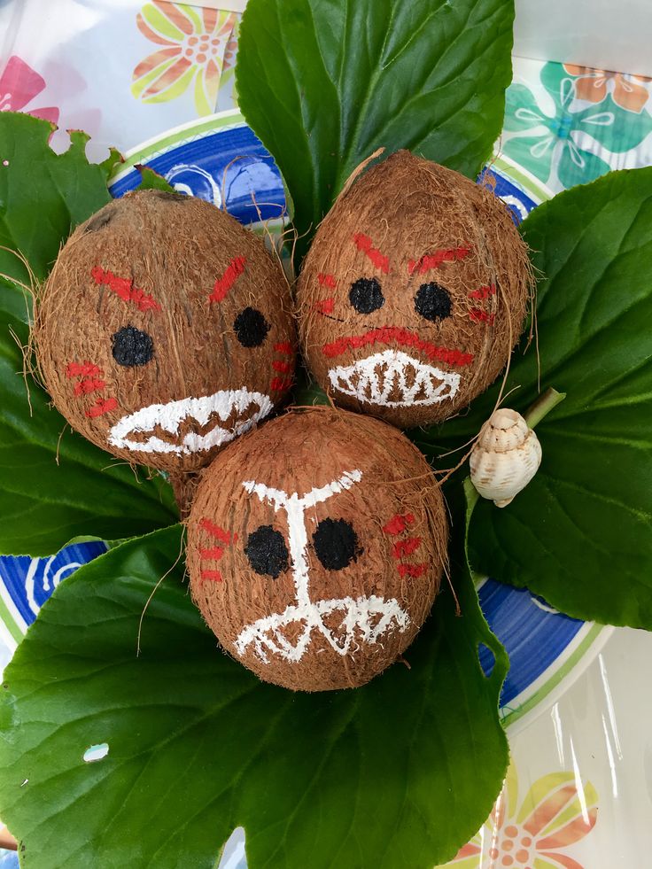 three coconuts with faces painted on them are sitting on a blue and white plate