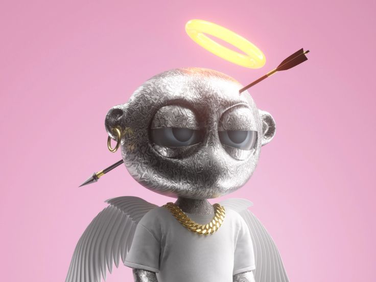 a cartoon character with an angel halo above his head and two arrows sticking out of it's ears