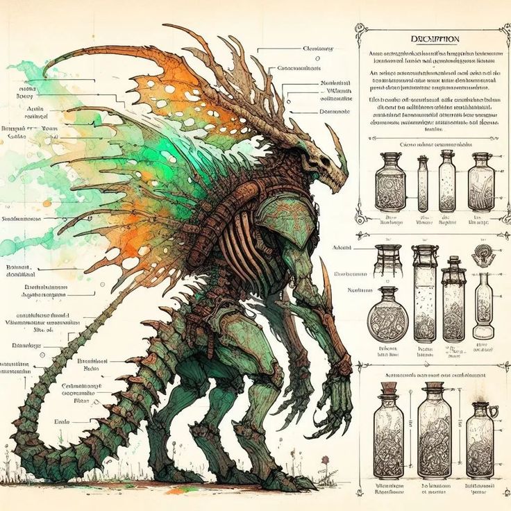 an image of a creature with many things in it's body and some bottles