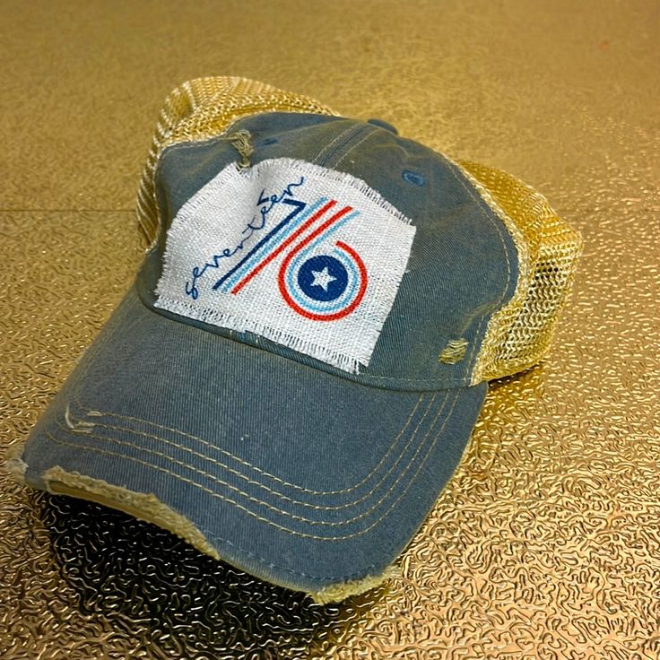 This Is A Handmade Patch On A New Soft, Mesh, Distressed Hat. Distressed Medium Wash Adjustable Hat, Distressed Cotton Hat In Medium Wash, Distressed Blue Hat With Adjustable Fit, Adjustable Blue Denim Trucker Hat, Adjustable Distressed Blue Hat, Pre-washed Blue Hats For Spring, Blue Pre-washed Cotton Hat, Casual Blue Hats For Rodeo, Blue Spring Hat