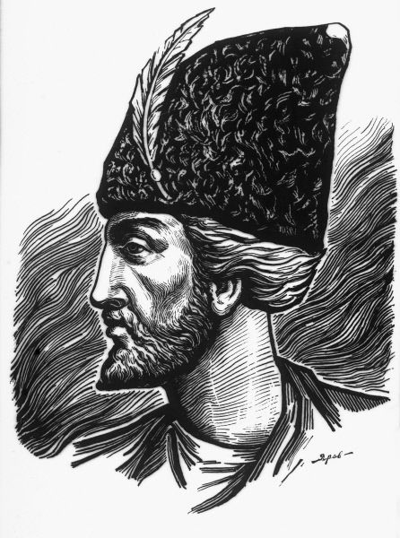 an ink drawing of a man wearing a hat with feathers on it's head