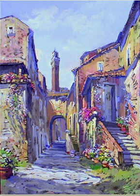 a painting of an alleyway with flowers on the steps and buildings in the background