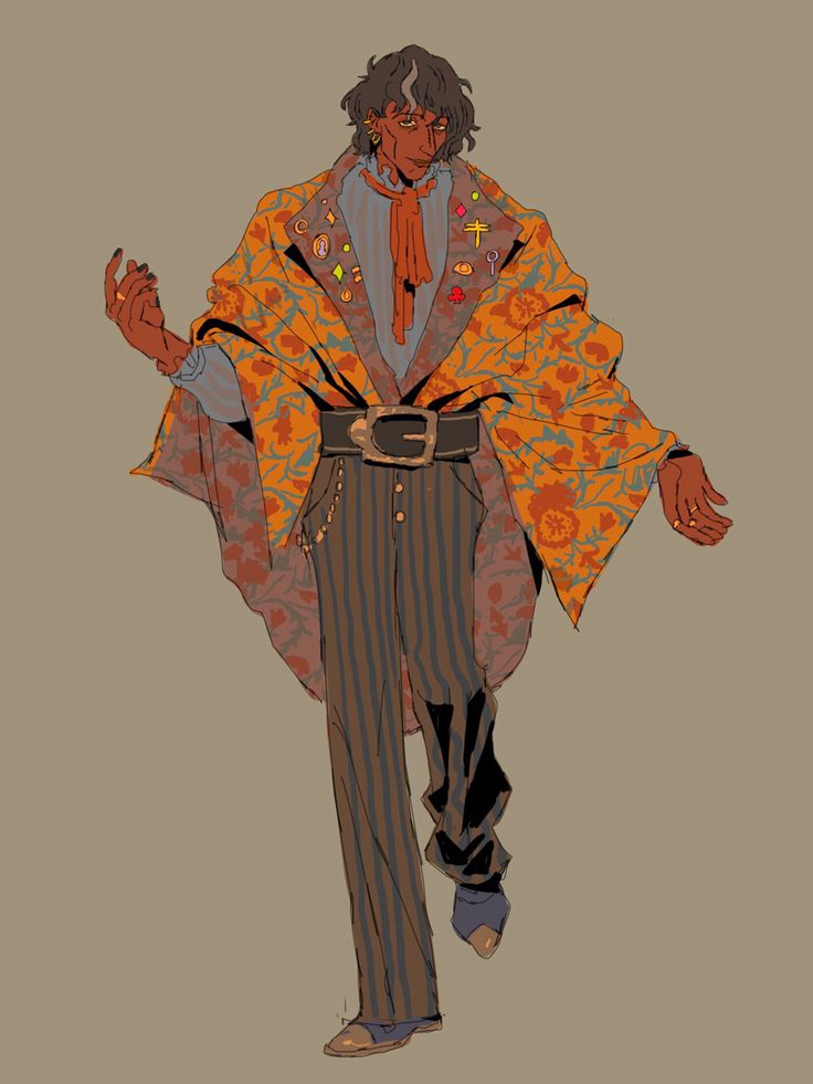 a drawing of a man in an orange jacket and striped pants with his hands out