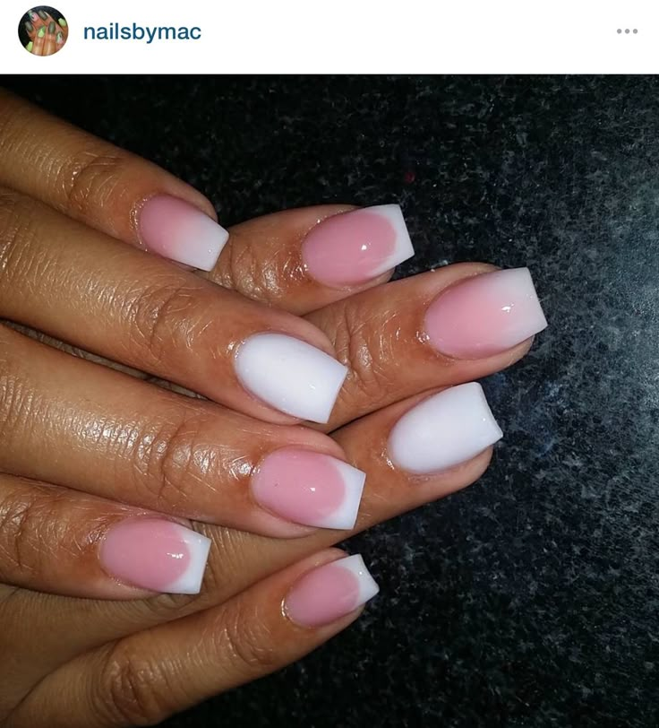 Pink Acrylic Nails With White Tip, Short Pink White Ombre Nails, Shorties Dip Nails, Pink And White Tip Acrylic Nails, Short Ombre Pink And White Nails, Pink And White Overlay Nails, Square Pink And White Ombre Nails, Short Acrylic Pink And White Nails, Pink And White French Dip Powder Nails