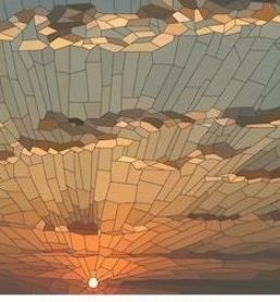 the sun is setting in the sky with clouds and rocks on it's sides