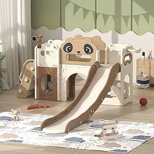 a child's play area with a slide and climbing wall