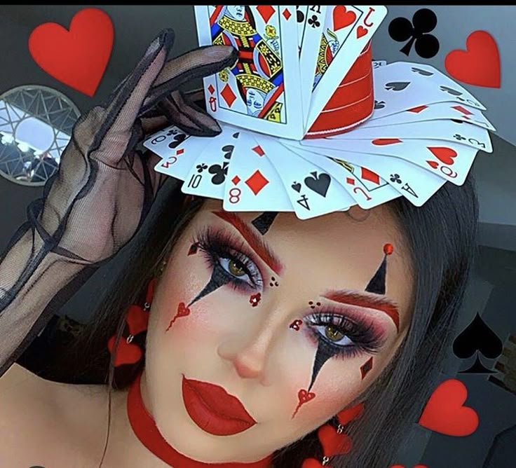 Queen Of Hearts Glam Makeup, Playing Cards Halloween Costume, Deck Of Card Costume, Cute Queen Of Hearts Makeup, Queen If Hearts Makeup, Deck Of Cards Halloween Costume, Magician Makeup Halloween, Casino Costume Ideas, Ace Of Spades Makeup