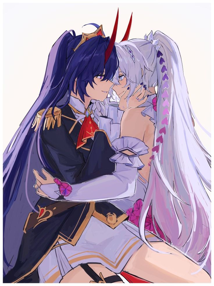 two anime characters hugging each other with long white hair and purple wigs on their heads