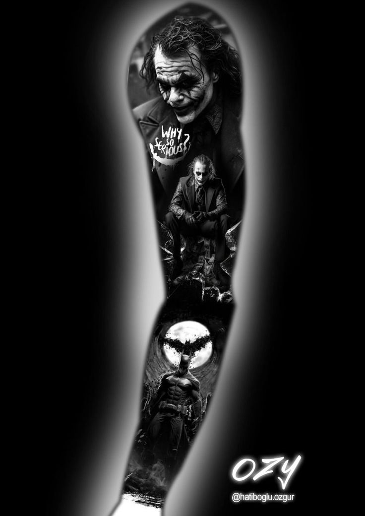 the dark knight movie poster with joker and other characters on it's arm tattoo