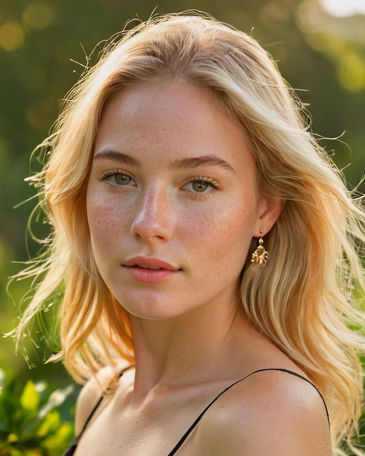 a woman with blonde hair and earrings looking at the camera while standing in front of some bushes