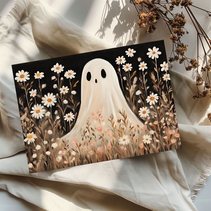 a painting of a ghost surrounded by daisies