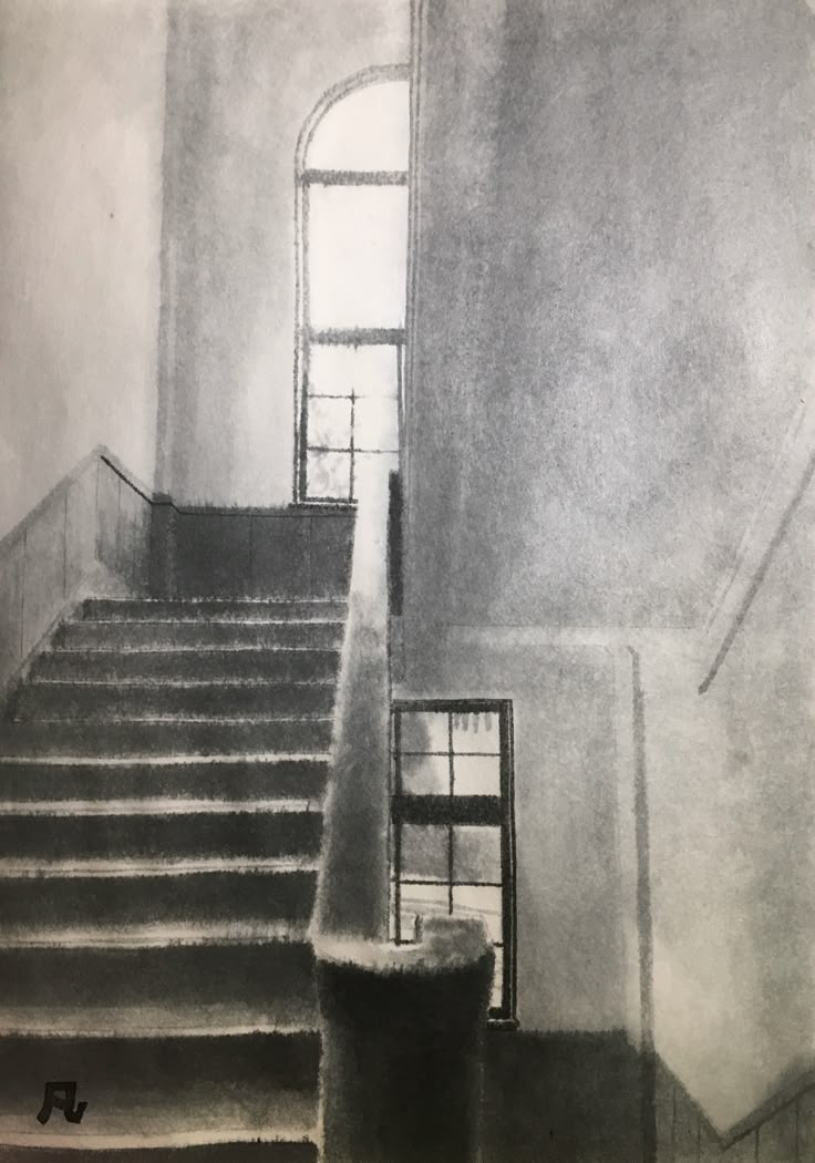 a drawing of stairs leading up to a window