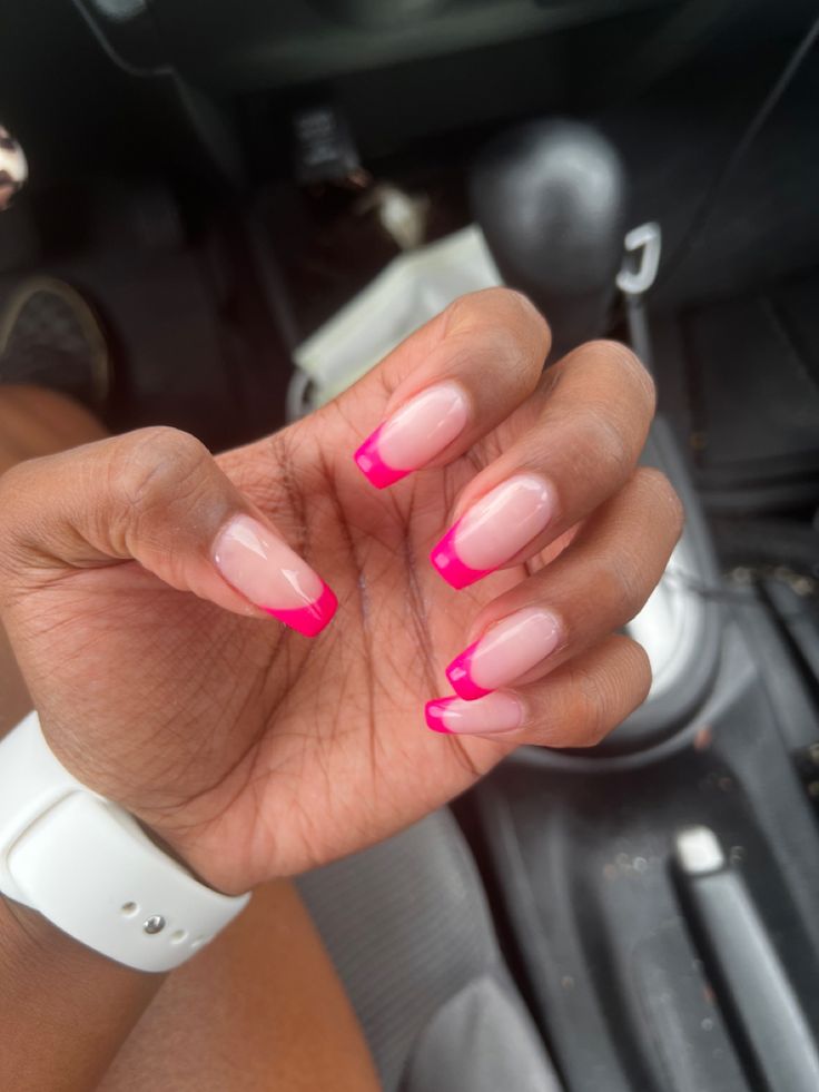 Coffin Acrylic Nails French Tip Pink, Hot Pink French Nails Coffin, Hot Pink French Tip Nails Coffin Medium, Neon Pink French Tip Nails Coffin, Hot Pink Tip Nails Square, Hot Pink French Tip Nails Coffin Short, Square Acrylic Nails French Tips Pink, Fuscia Nails French, French Tip Pink Coffin