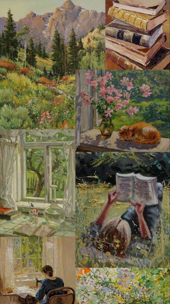 four different paintings of people sitting in chairs and reading books, one with a cat laying on the window sill