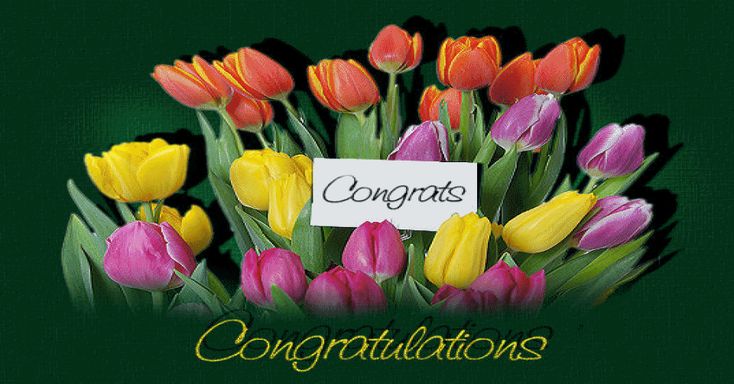 a bouquet of tulips and other flowers with a sign that says congrats