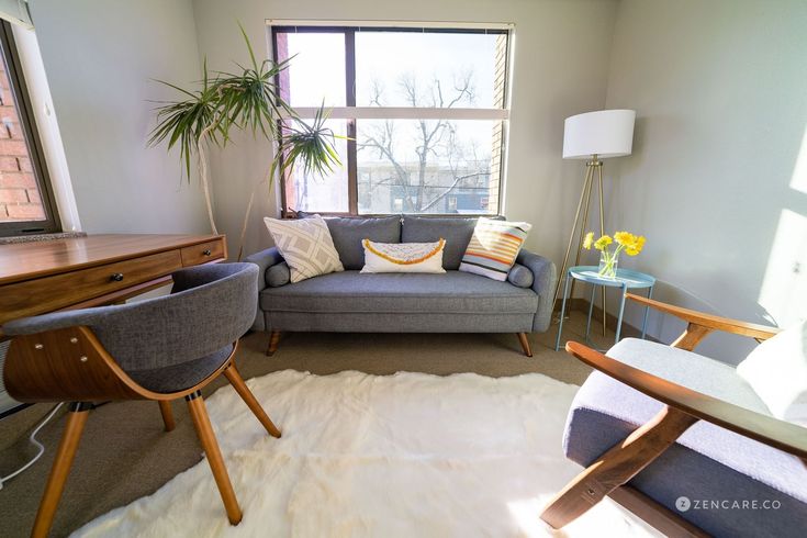 a living room filled with furniture next to a window and a rug on the floor