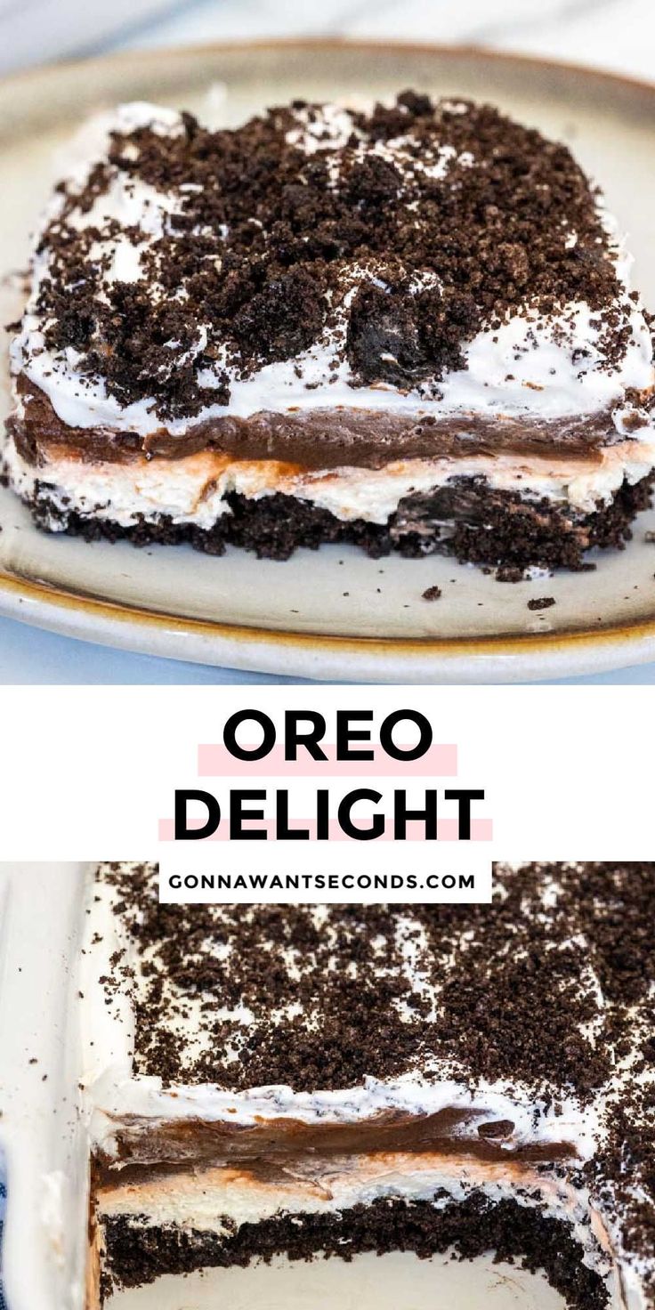 a cake with oreo and white frosting sitting on top of a plate next to another