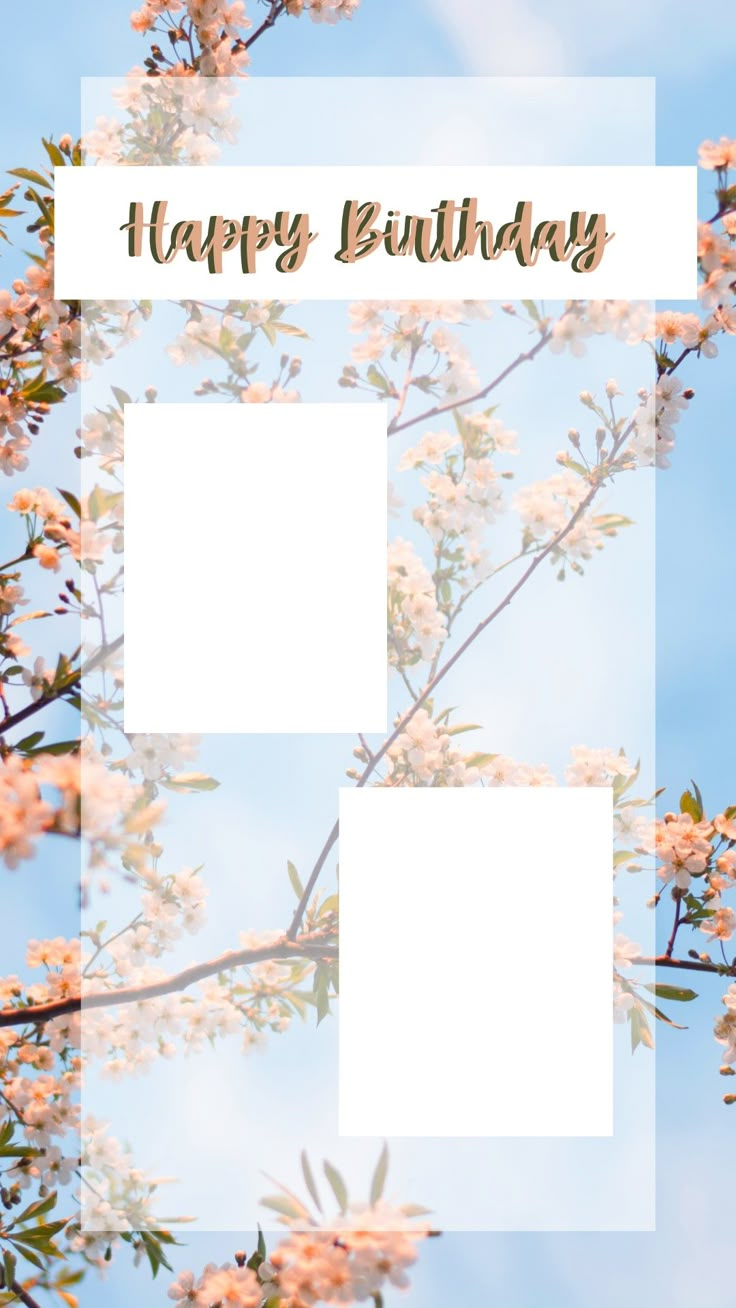 a card with the words happy birthday on it and flowers in front of a blue sky