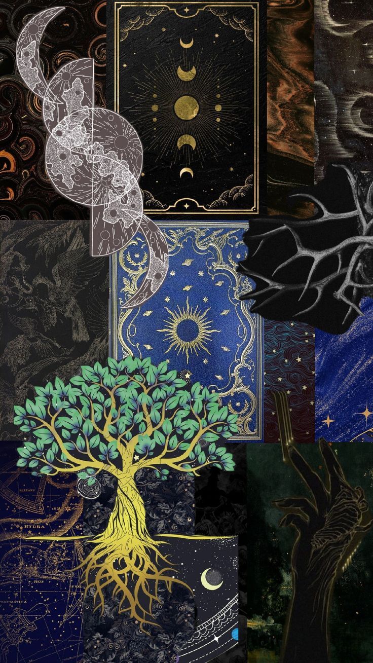 a collage of images with trees, moon and stars on them in different colors