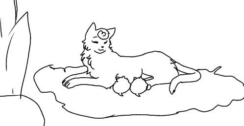 a black and white drawing of a cat sitting on a pillow next to a plant