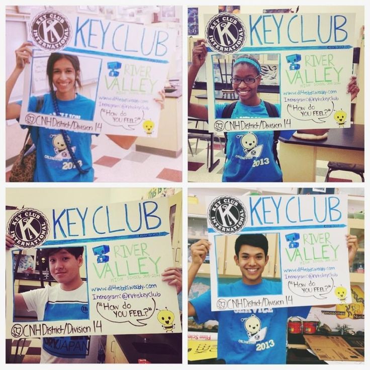 four pictures of people holding up signs in front of their faces and the words key club written on them