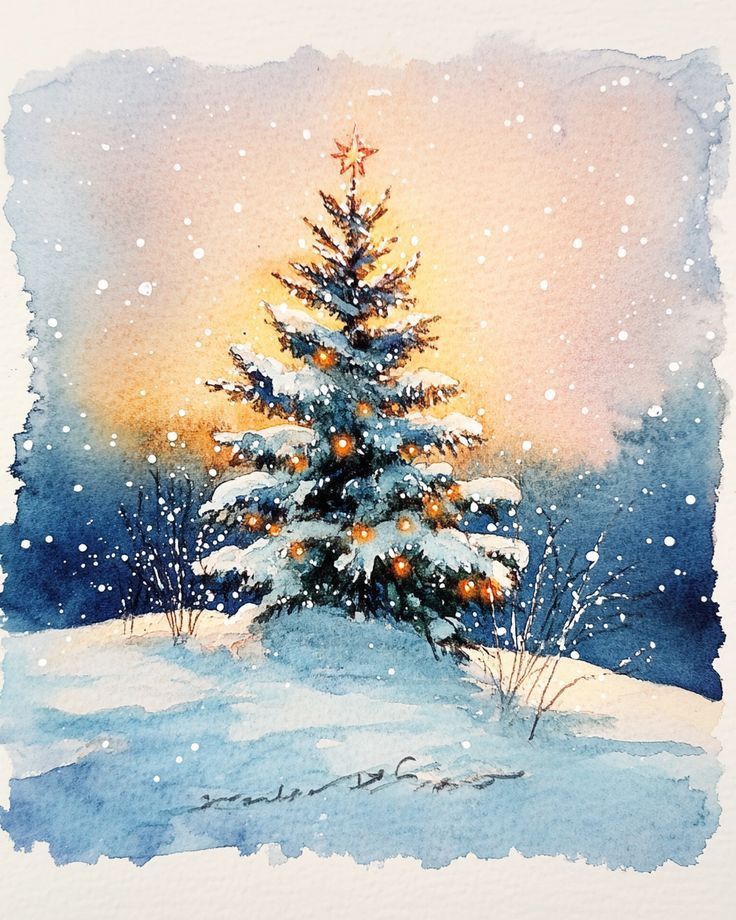 a watercolor painting of a christmas tree in the snow