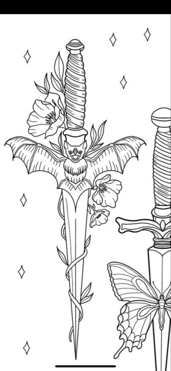 a drawing of two swords with flowers and butterflies on them, one is black and white