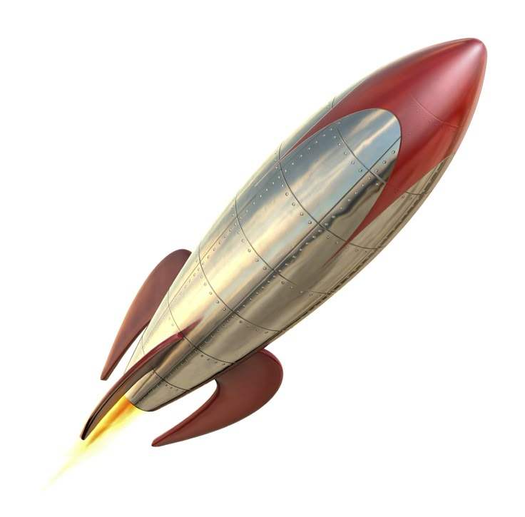 a red and silver rocket ship flying through the air