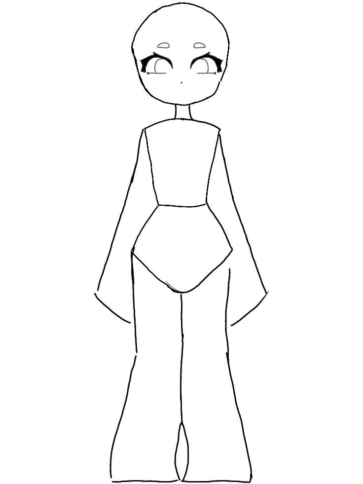 a drawing of a doll with big eyes and wide legs, standing in front of a white background