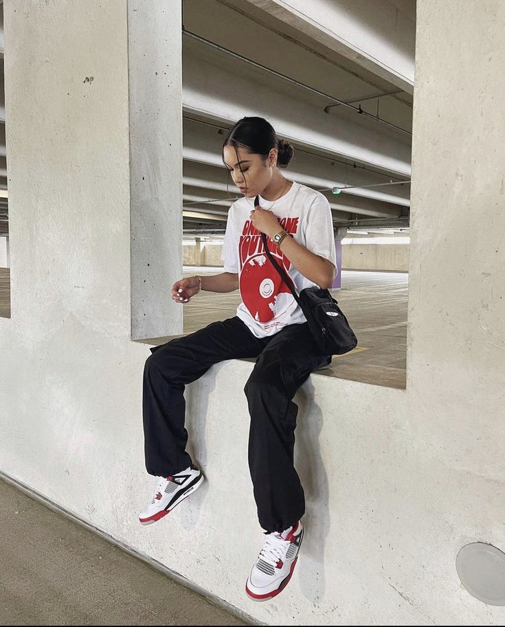 Outfit With Red And White Jordans, Jordan 4s Retro Fire Red Outfits, Red Retro 3 Outfit, Jordan 3 Outfit Women Red, Fire Red 4s Outfit Baddie, Red Jordan 1 Outfit Women Street Style, Outfit Ideas With Red Jordans, Red Fits Streetwear, Air Jordan 4 Red Cement Outfit