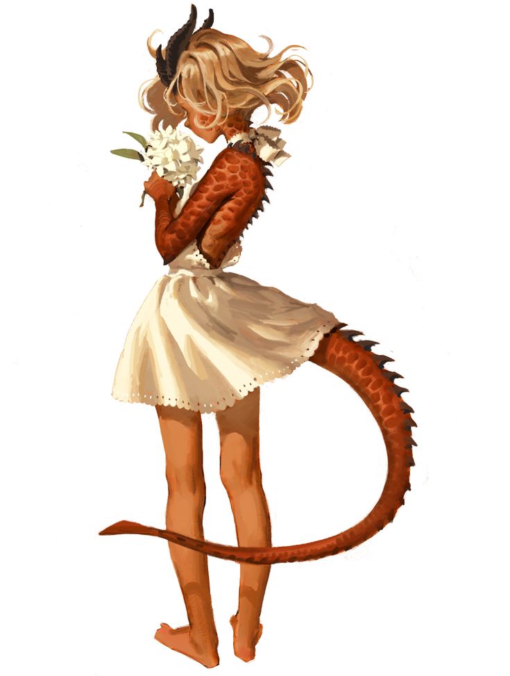 a drawing of a girl in a white dress holding a flower and a dragon tail