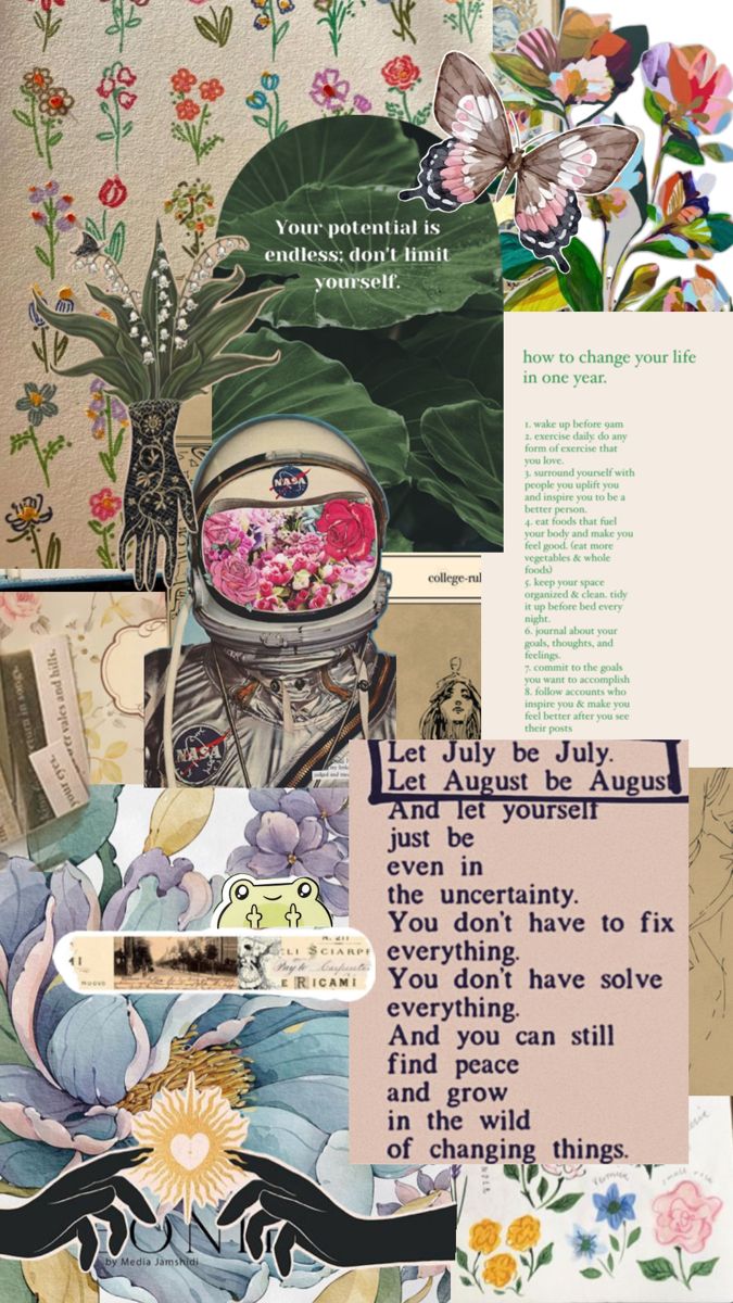 the collage has many different flowers and words on it, including an image of a vase