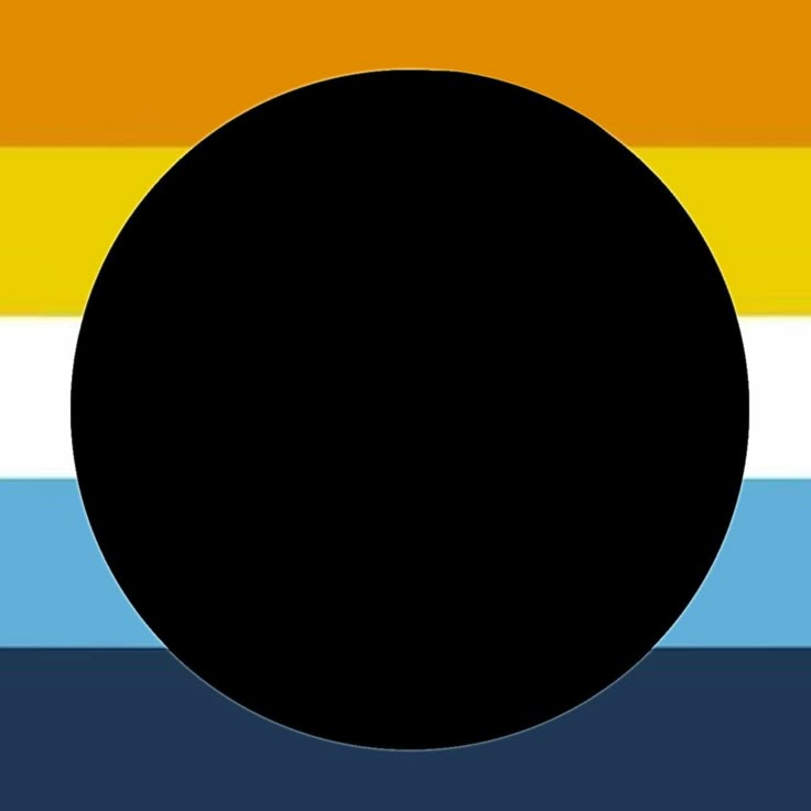 an image of a black circle in the middle of a rainbow colored background with white, yellow, and blue stripes