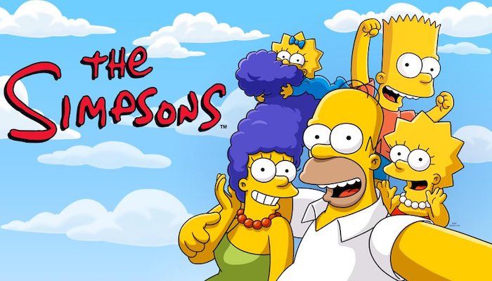 the simpsons characters are posing for a photo together in front of clouds and blue sky