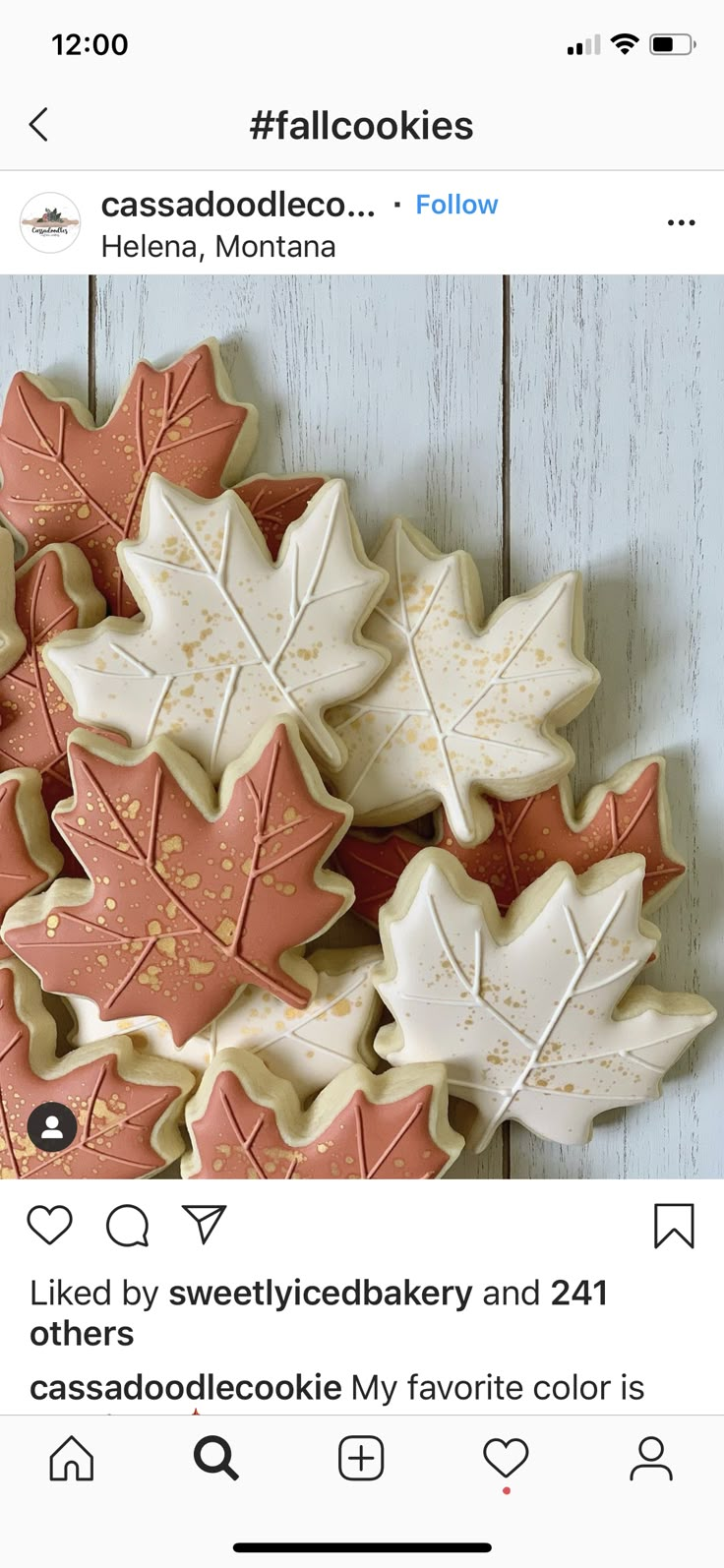 cookies decorated with leaves are displayed on the instagram page for an article about cookie decorating