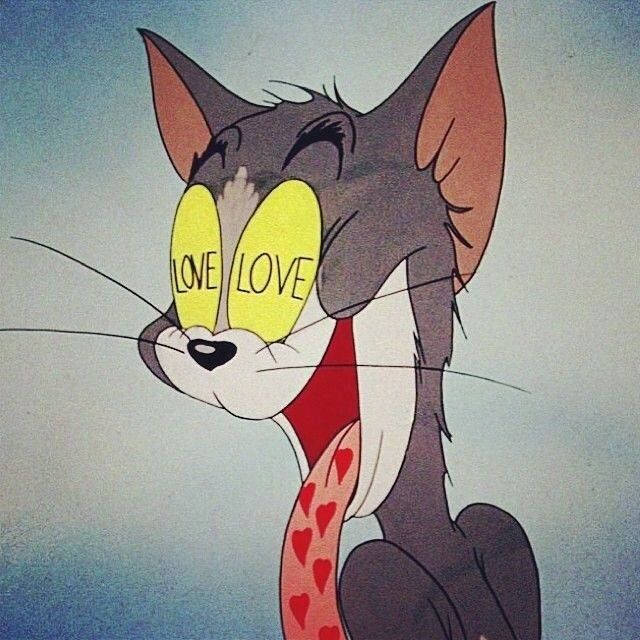 a cartoon cat with one love written on it's eyes and tie around its neck