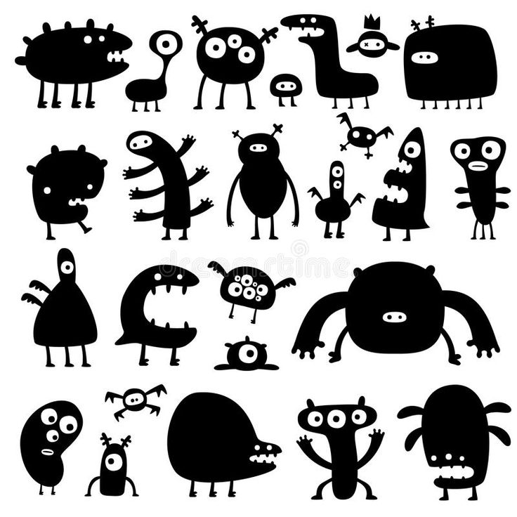 black and white silhouettes of monsters with different facial expressions, including eyes, arms, legs