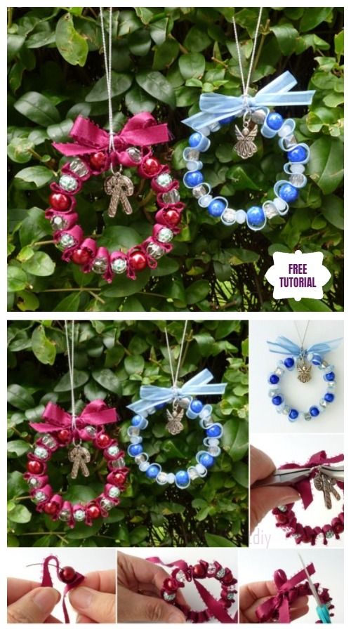 the instructions to make an ornament wreath with beads and bows for christmas tree decorations