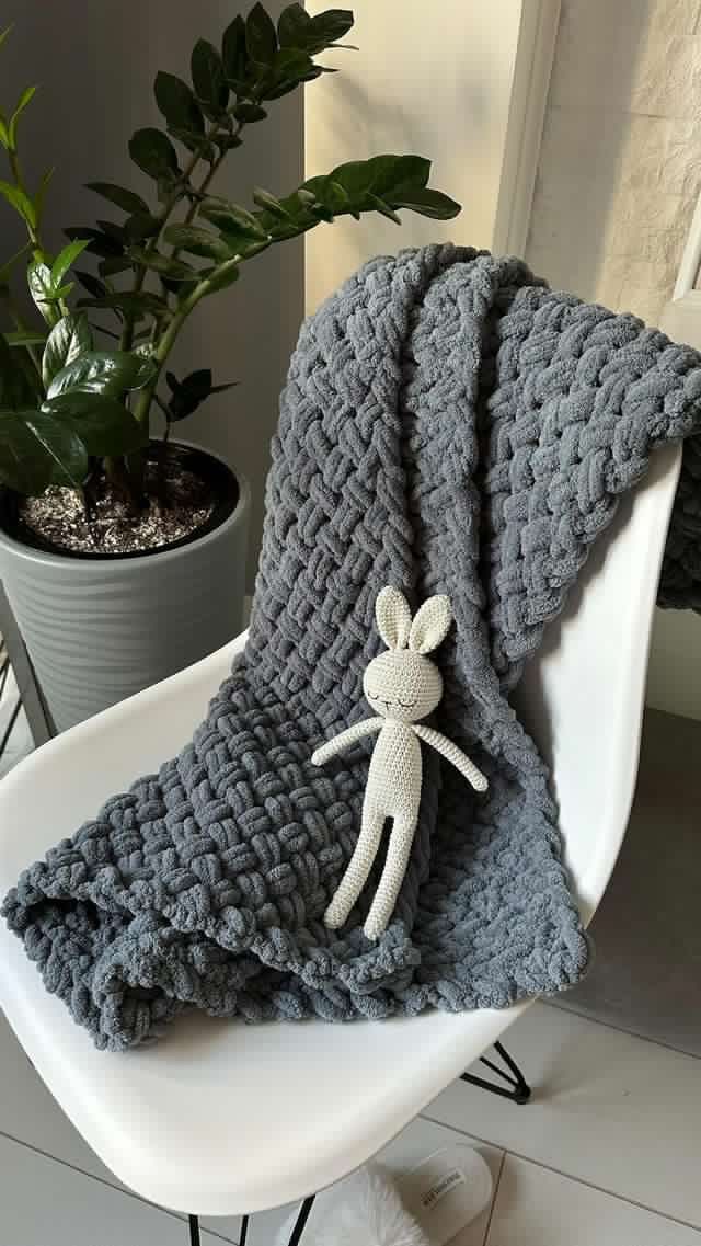 a crocheted blanket with a stuffed animal on it and a potted plant in the background