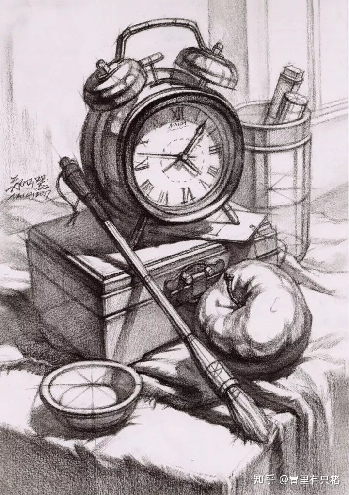 a pencil drawing of an alarm clock and apples