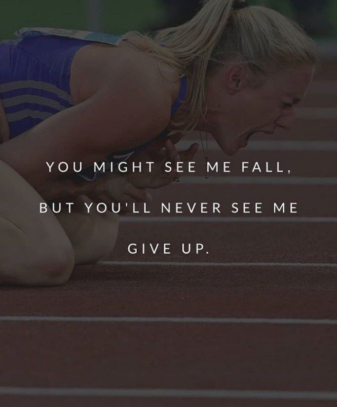 a woman kneeling down on top of a track with the words, you might see me fall but you'll never see me give up