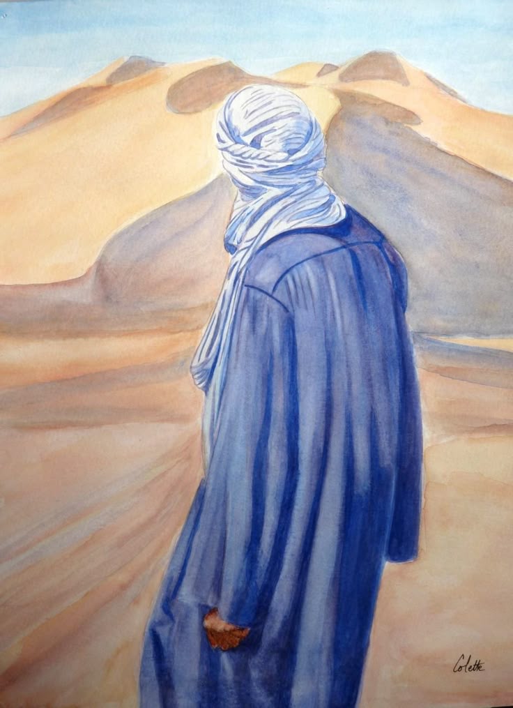 a painting of a person standing in the desert