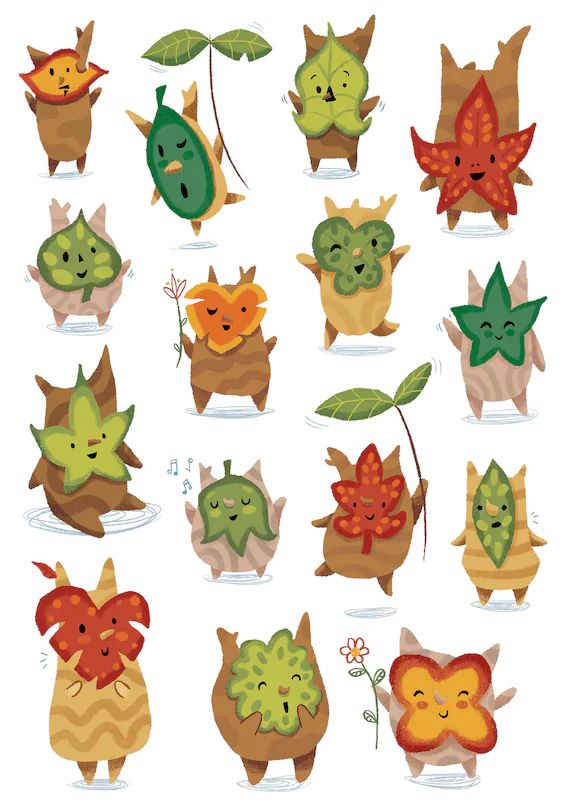 an assortment of cartoon animals with leaves on their heads and faces, all in different colors