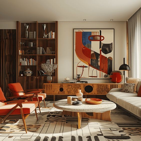 a living room filled with furniture and a painting on the wall above a coffee table