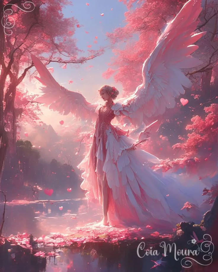 a painting of an angel standing in the middle of a forest with pink flowers on it